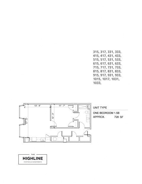 Floor plan for 1 bed, 1 bath, 730 sqft
